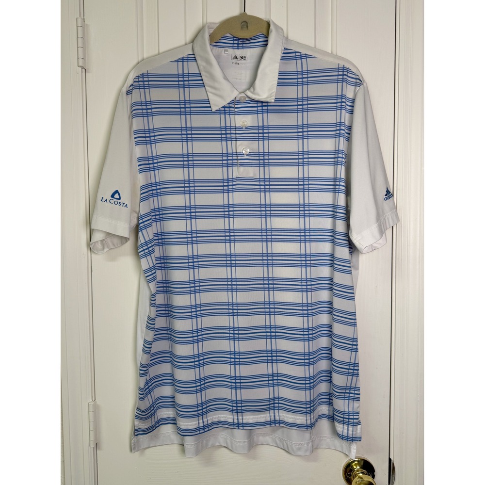 Adidas ClimaCool La Costa Golf Polo White Blue Plaid Men's Lg Est Golf Shirt